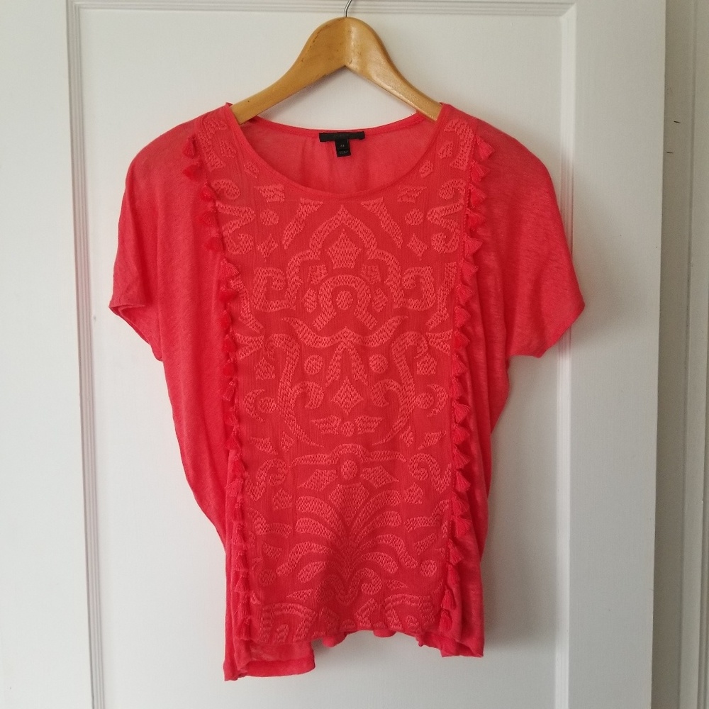 J Crew Linen embroidered top with tassel